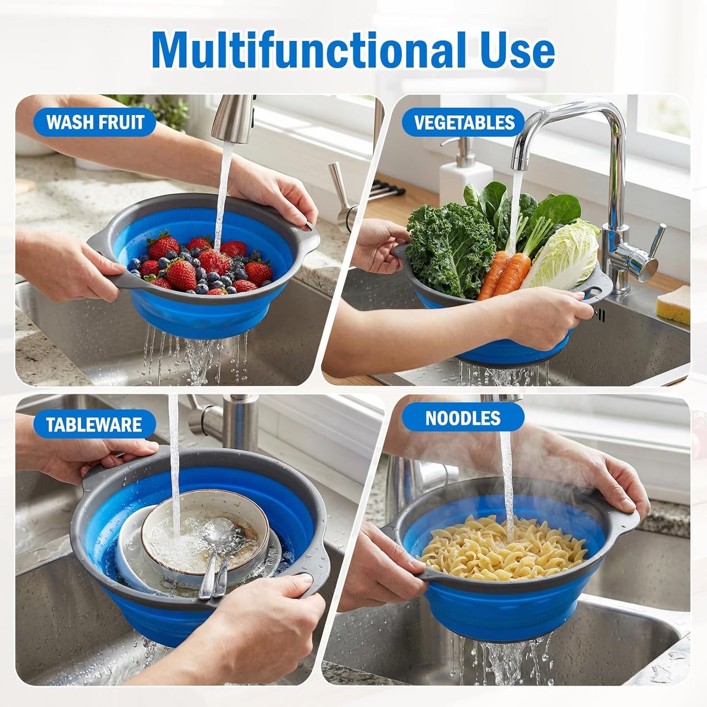 Collapsible Colander Set, Silicone Collapsible Strainers for Kitchen, Perfect for Draining Pasta, Vegetable and Fruit, Food Strainer, Dishwasher Safe (3 Pack)