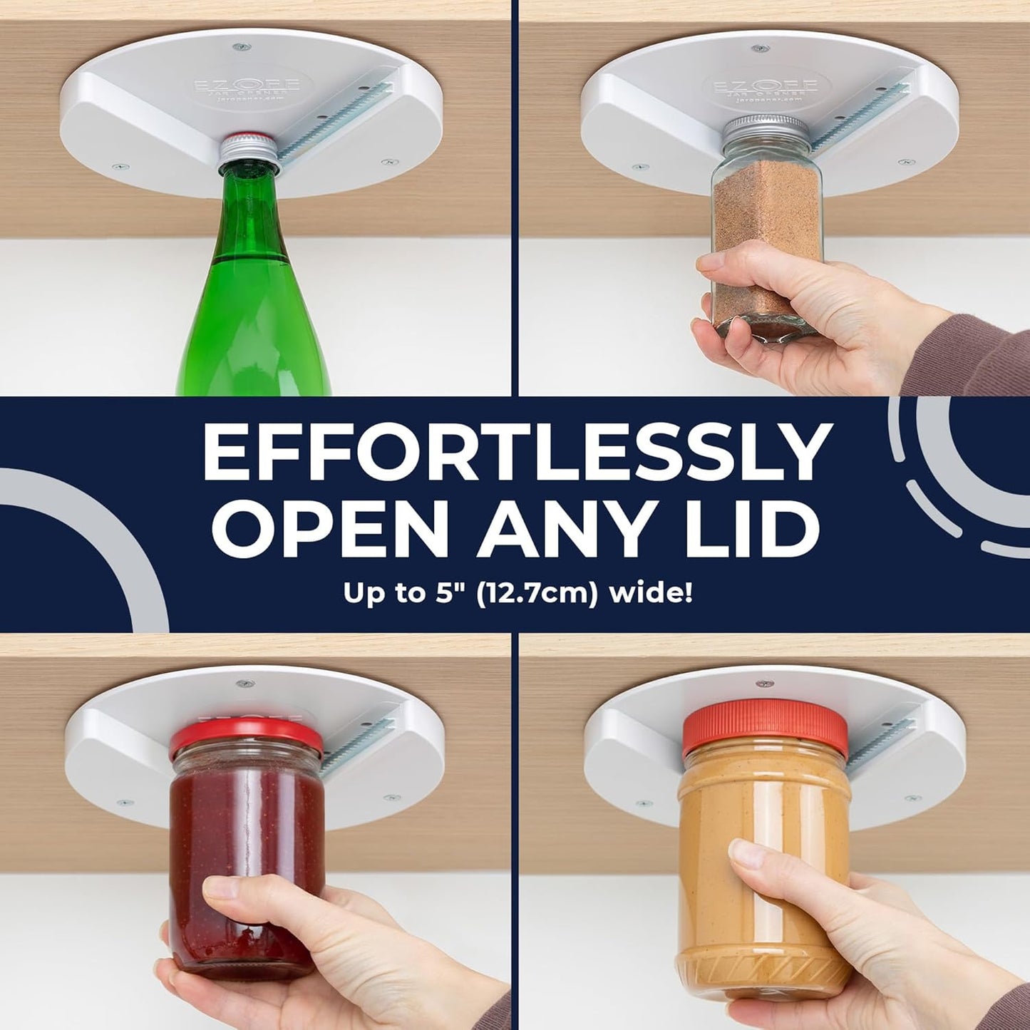 EZ Off Jar Opener for Seniors - Under Cabinet Jar Openers for Weak Hands, Easy Grip, Arthritis jar opener, One Handed Gadgets & Bottle Opener - Essential Kitchen Gadgets for Home Assistance - White