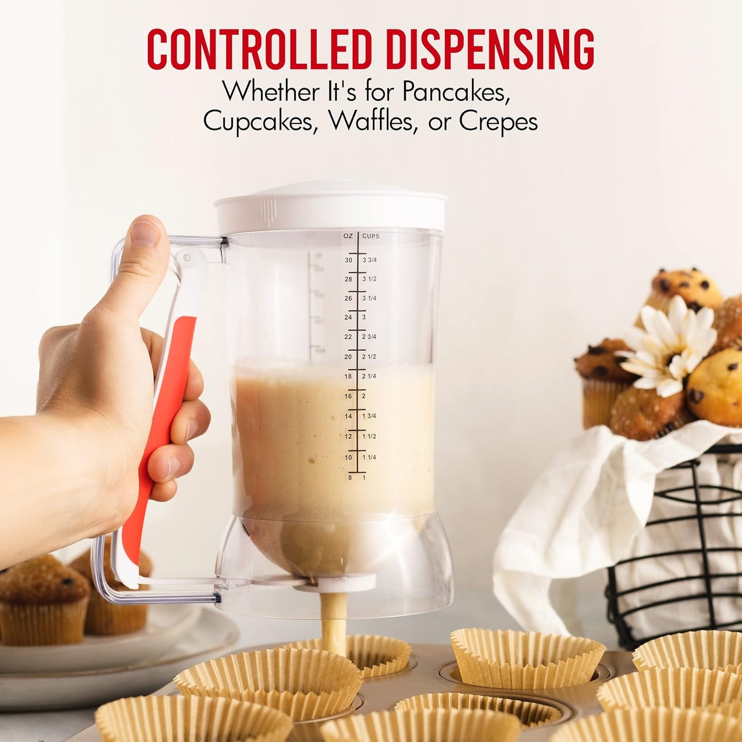 Mess-Free Pancakes Pourer & Cupcake Batter Dispenser | 4 Cup Capacity | Precision Pour Control & Easy-Squeeze Handle | BPA-Free Kitchen Tool for Waffles, Crepes & Muffins