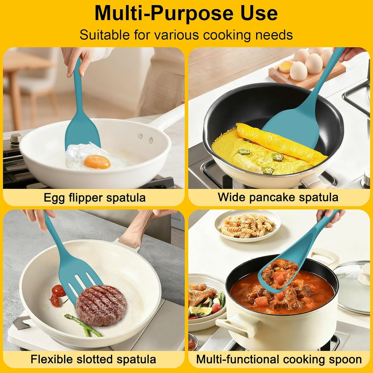 Beijiyi Silicone Spatula Set of 4, 600°F Heat Resistant, BPA Free Kitchen Spatula and Spoons for Nonstick Cookware, Solid & Slotted Turner Cooking Utensils for Serving, Flipping Egg, Pancakes (Khaki)