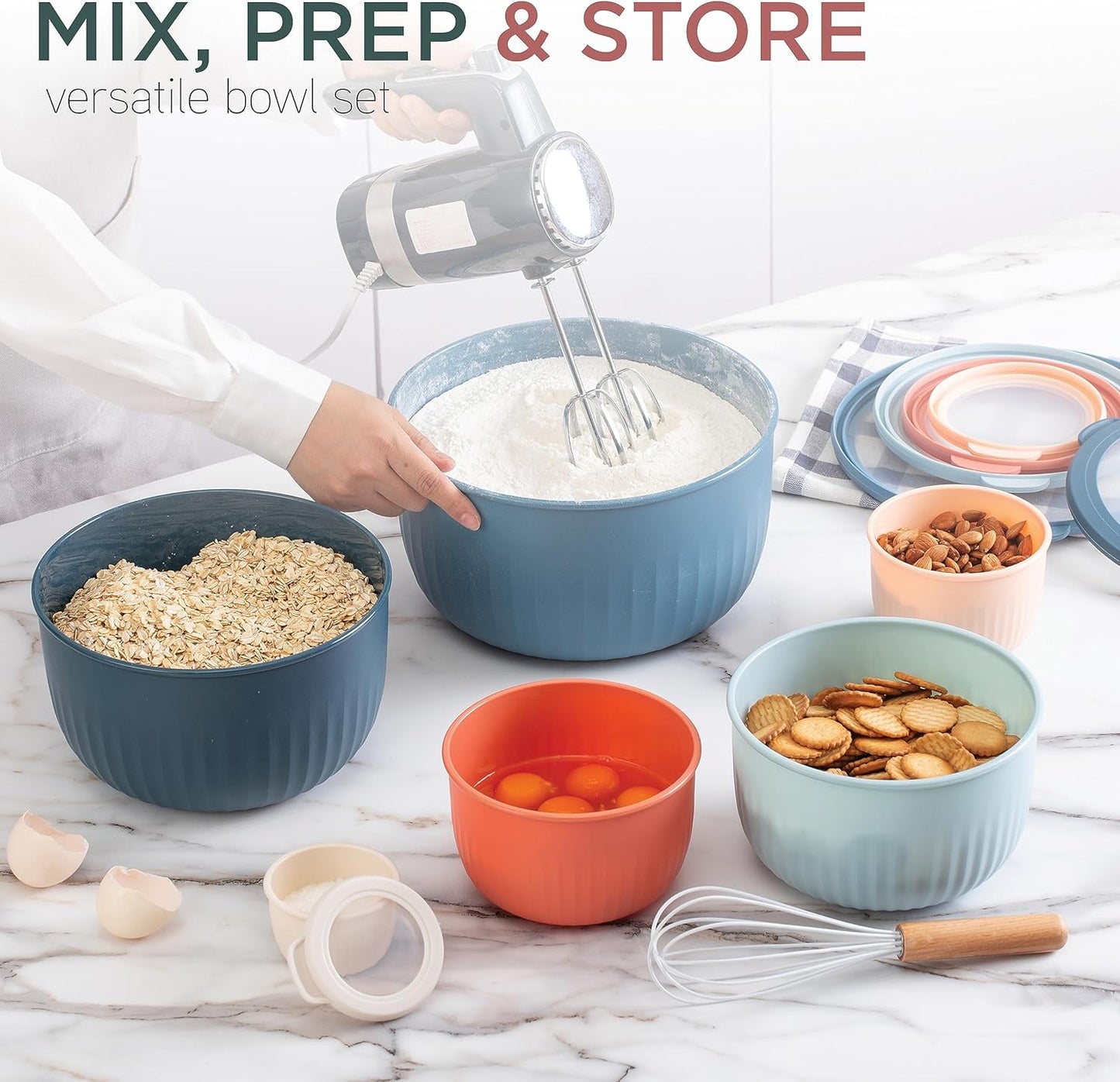 COOK WITH COLOR Prep Bowls with Lids- Wide and Deep Nesting Plastic Small Mixing Bowl Set with Lids, 8 Piece Set - Wide Bowls, Blue