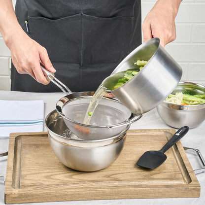Restaurantware 11.5 in Stainless Steel Fine Mesh Strainer - German Standard Sieve Sifter with Ergonomic Handle, Dishwasher Safe - Reinforced Metal Food Strainer for Quinoa, Soup, Sauce, Baking