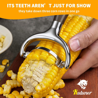 KULUNER Durable Stainless Steel Corn Peeler with Polished Wood Handle Corn on the Cob Stripper Kernel Remover Easy Use Corn Kernel Cutter Kitchen Gadget（Rosewood）