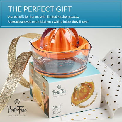 PortoFino Citrus Juicer, Lemon Squeezer, Orange Juicer, Manual Hand Juicer with Built-in Measuring Cup and Strainer, Space Saving Design, Pulp Control, Dishwasher Safe, 8oz