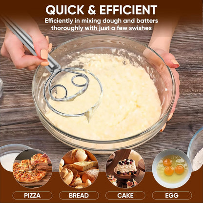 Maxjoy Danish Dough Whisk Wooden Dutch Bread Mixer with Stainless Steel Hook for Sourdough Baking Hand Tool