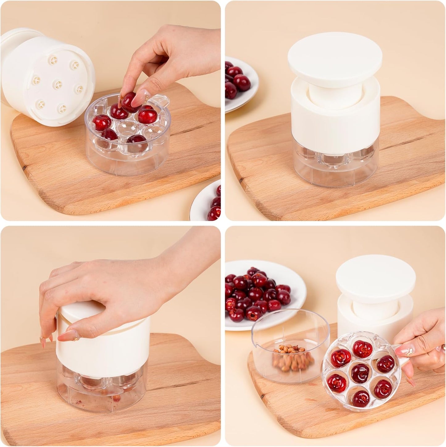 Cherry Pitter, 7-Hole Long Plunger Push Button Cherry Core Remover Tool with Splatter Protector, Quickly Pitting Cherries for Making Jam, Pies (White)