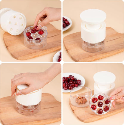 Cherry Pitter, 7-Hole Long Plunger Push Button Cherry Core Remover Tool with Splatter Protector, Quickly Pitting Cherries for Making Jam, Pies (White)
