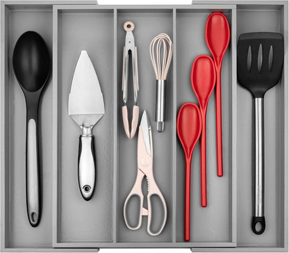 Purawood Bamboo Drawer Organizer - Expandable Silverware Organizer & Utensil Drawer Organizer, Cutlery Tray with Dividers, 7-9 Slots- Kitchen Organizer for Utensils & Flatware (Natural)