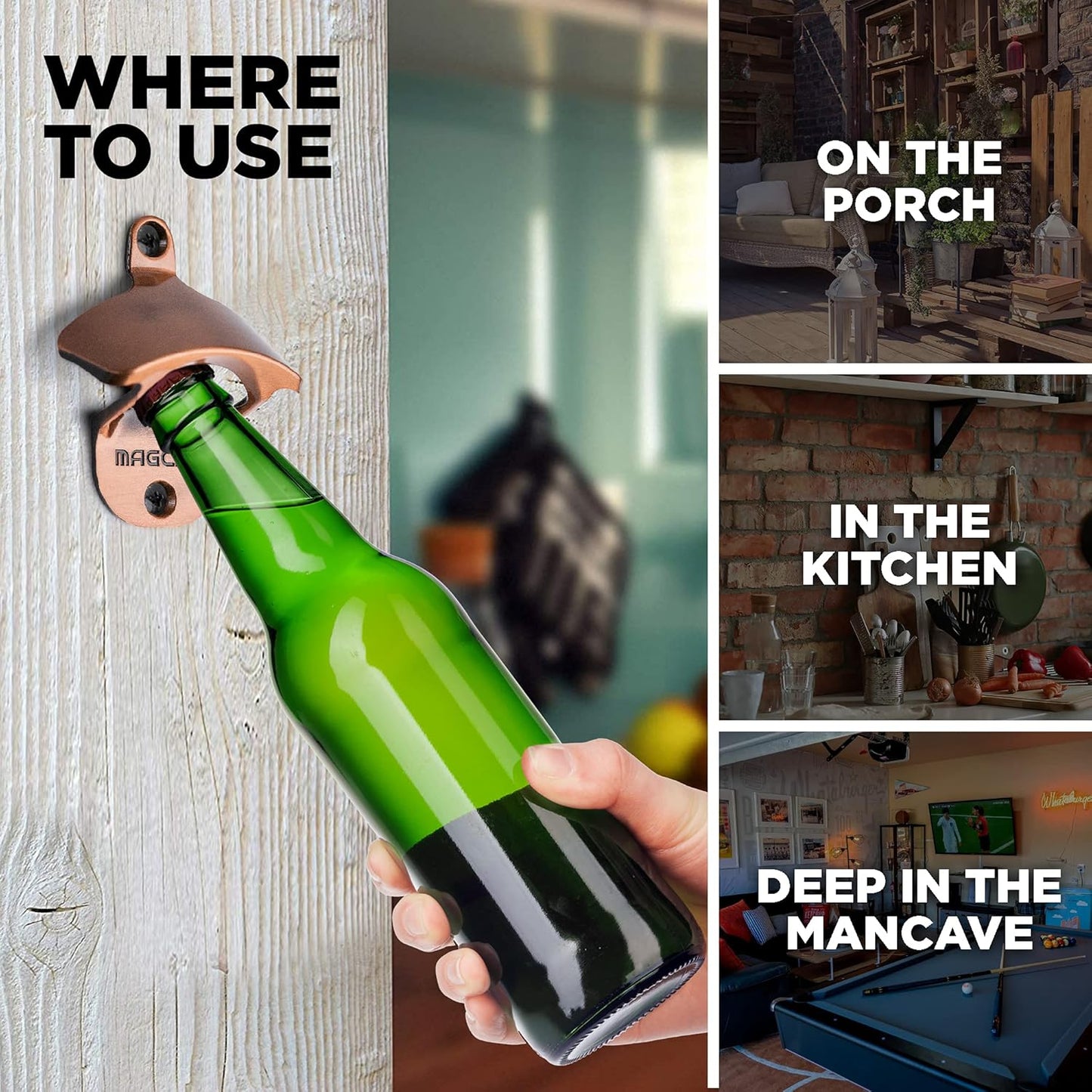 Outdoor Bottle Opener Wall Mounted - Style Magnetic Beer Bottle Opener that Catches Caps - Easy to Install and Incredibly Convenient (Gunmetal Black)