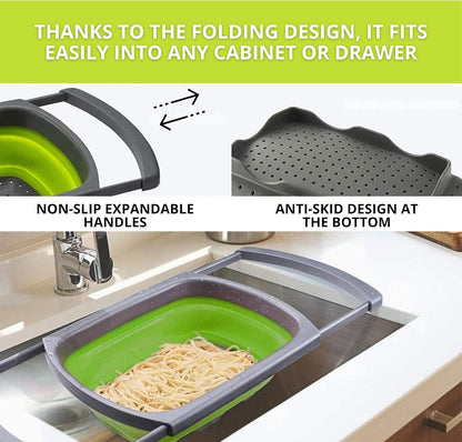 Green Kitchen Strainer Colander Set - 2 PCS Multifunctional Colander Silicone Food Strainers for Kitchen for Pasta and Spaghetti Collapsible with Plastic Handles