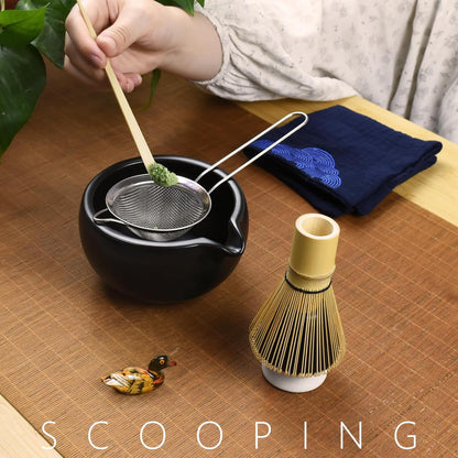 Artcome 7 Pcs Complete Matcha Ceremony Kit for Tea Ceremony, Bowl with Pouring Spout, Whisk, Tea Scoop, Matcha Powder Strainer, Matchatools For Making Usucha, Koicha and Matcha Latte (Black)