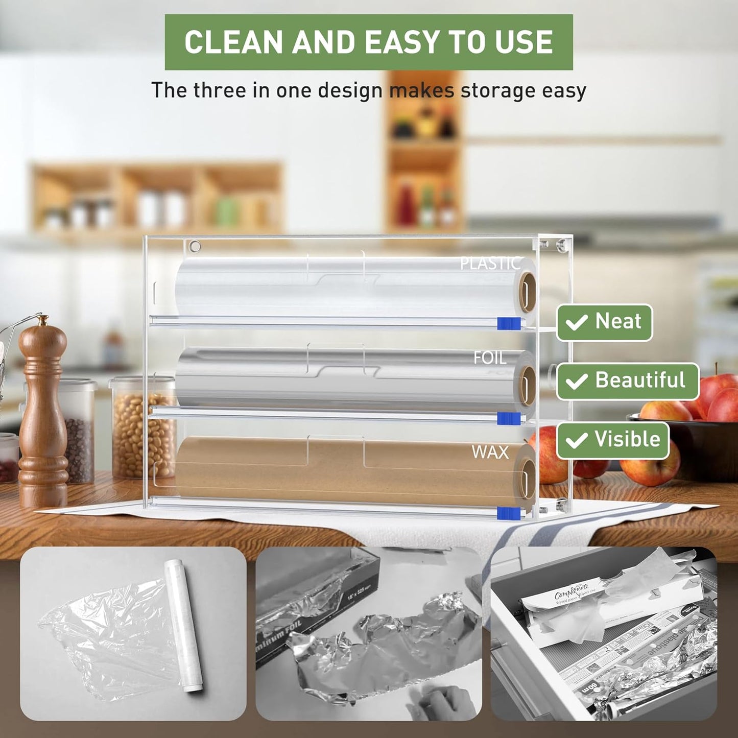 Kitchen Wrap Organizer, Foil and Plastic Wrap Organizer 3 in 1 with Sliding Cutter, Acrylic Wrap Dispenser for Drawer or Wall Mount, Fits 12 Inch Rolls