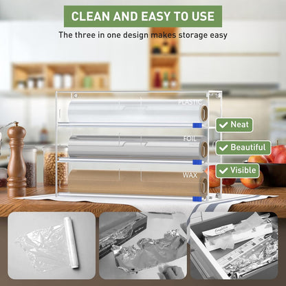 Kitchen Wrap Organizer, Foil and Plastic Wrap Organizer 3 in 1 with Sliding Cutter, Acrylic Wrap Dispenser for Drawer or Wall Mount, Fits 12 Inch Rolls