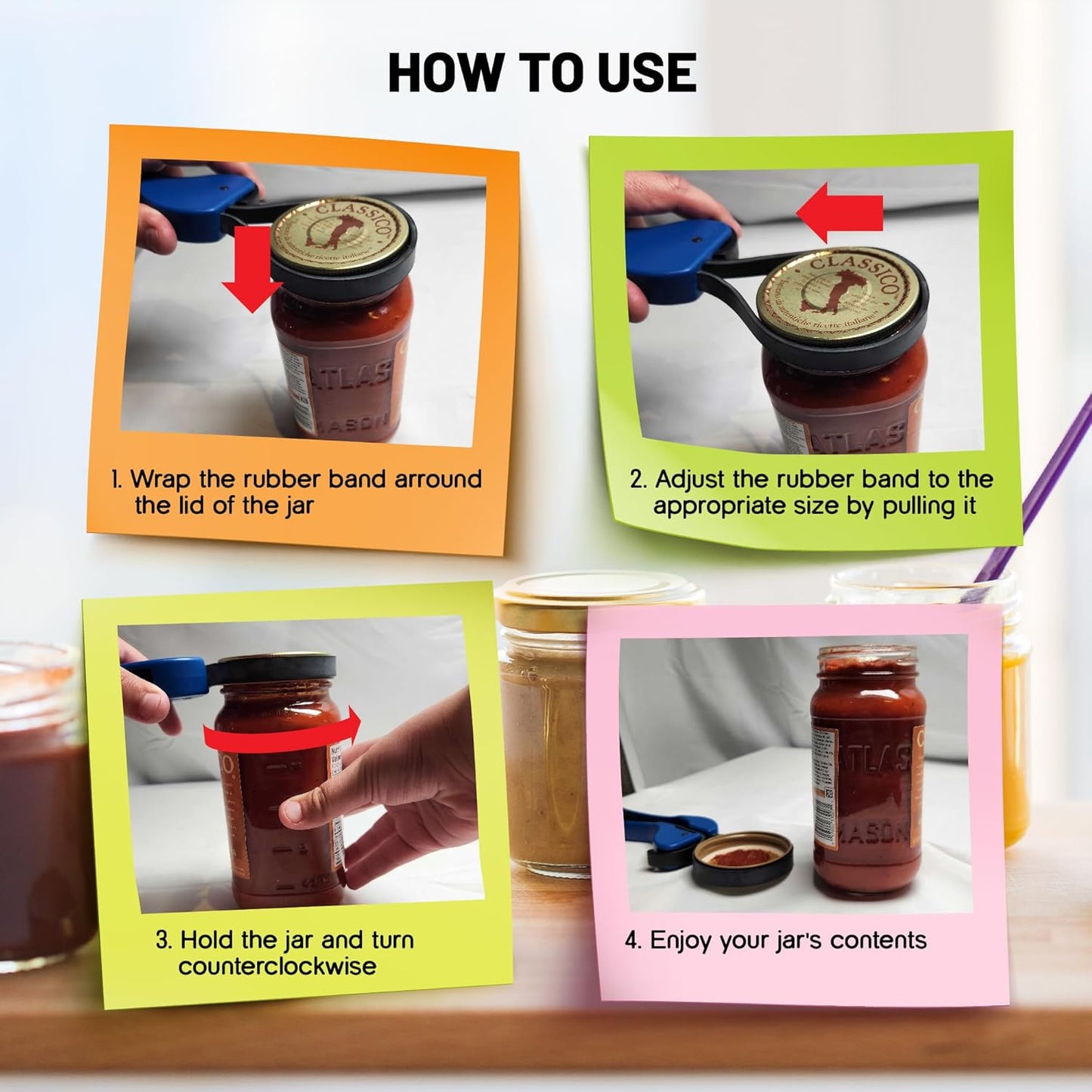 Cap Strap Jar Opener – Kitchen Discovery – Adjustable Bottle and Jar Opener for Seniors and Those with Weak Hands – Gripper Strap Loosens Lids without Straining Hands