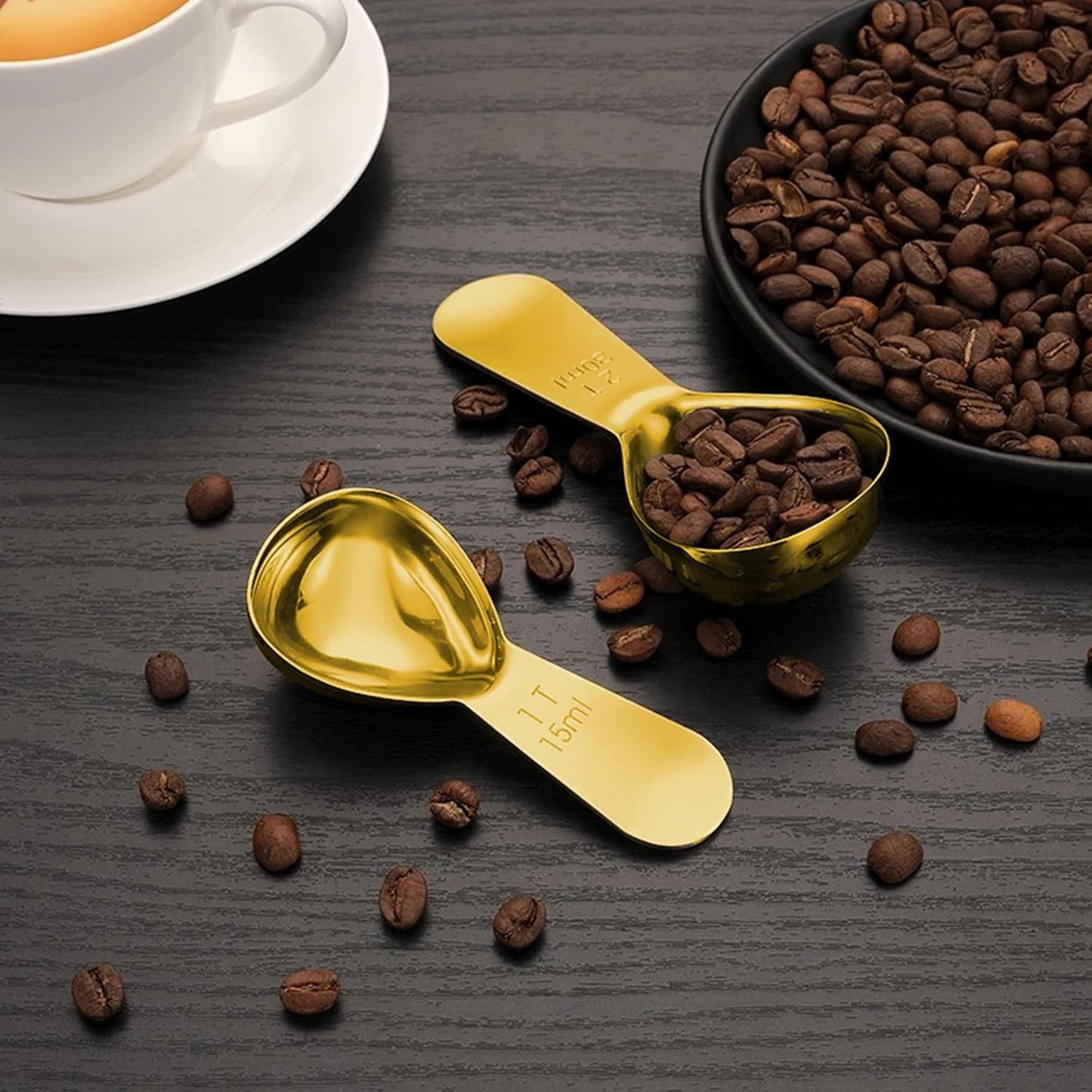 2 Pieces Stainless Steel Coffee Scoops Set(1 Tbsp,2 Tbsp) Durable Coffee Spoons with Ergonomic Handle Measuring Tablespoon for Canisters Tea Sugar Ground Coffee Whole Bean Milk Powder Flour (Golden)