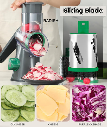 Ourokhome Rotary Cheese Grater Hand Crank, Kitchen Shredder Speed Mandolin Slicer Nut Grinder with Handle and Drum Blades for Cheese, Vegetable, Walnut, Chocolate, Potato, Carrot, 3 Blades, Dark Blue