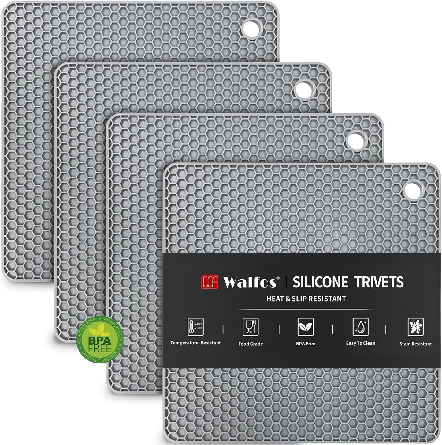 Walfos Silicone Trivet Mats - 4 Heat Resistant Pot Holders, Multipurpose Non-Slip Hot Pads for Kitchen Potholders, Hot Dishers, Jar Opener, Spoon Holder, Food Grade Silicone & BPA Free (Black)