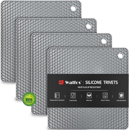 Walfos Silicone Trivet Mats - 4 Heat Resistant Pot Holders, Multipurpose Non-Slip Hot Pads for Kitchen Potholders, Hot Dishers, Jar Opener, Spoon Holder, Food Grade Silicone & BPA Free (Black)