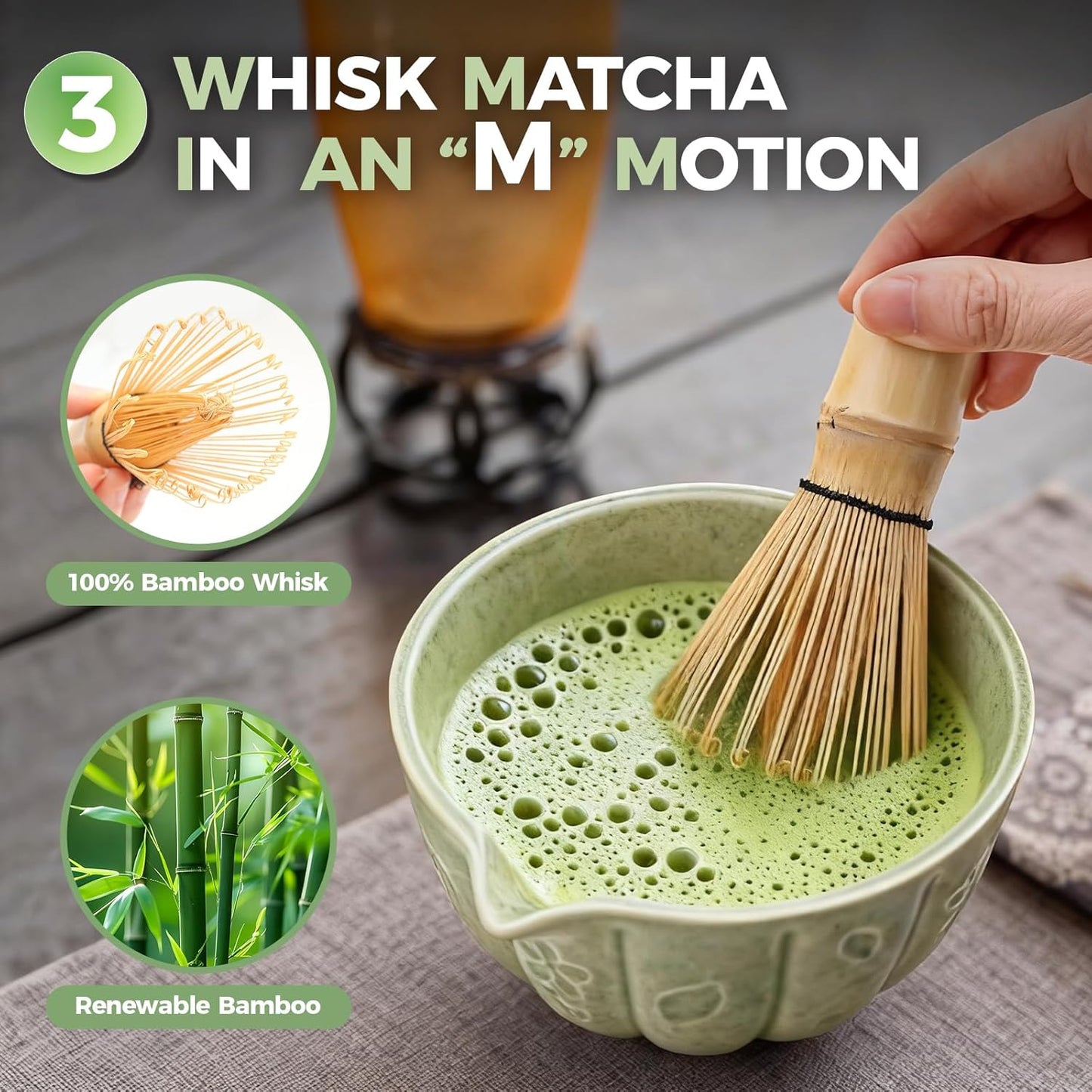 Matcha Whisk Set-5pcs, 16OZ Japanese Tea Set Includes Matcha Bowl with Spout, Bamboo Whisk with Ceramic Holder, Bamboo Scoop and Stainless Steel Sifter