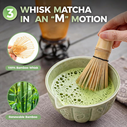 Matcha Whisk Set-5pcs, 16OZ Japanese Tea Set Includes Matcha Bowl with Spout, Bamboo Whisk with Ceramic Holder, Bamboo Scoop and Stainless Steel Sifter
