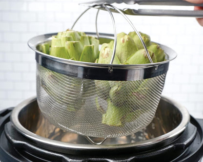 RSVP International Mesh Colander Strainer Basket with Folding Handles, 3 Quarts | For Pasta, Frying, & Salads | Dishwasher Safe | Use in Pressure Cookers | Steaming, Draining & Rinsing