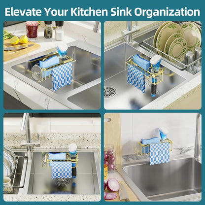 TAILI 4-in-1 Sink Caddy with Strong Suction Cup, Sponge Holder for Kitchen Sink Organizer, Removable, Rustproof, Stainless Steel Holder for Sponge, Brush, Scrubber, Scraper - Silver