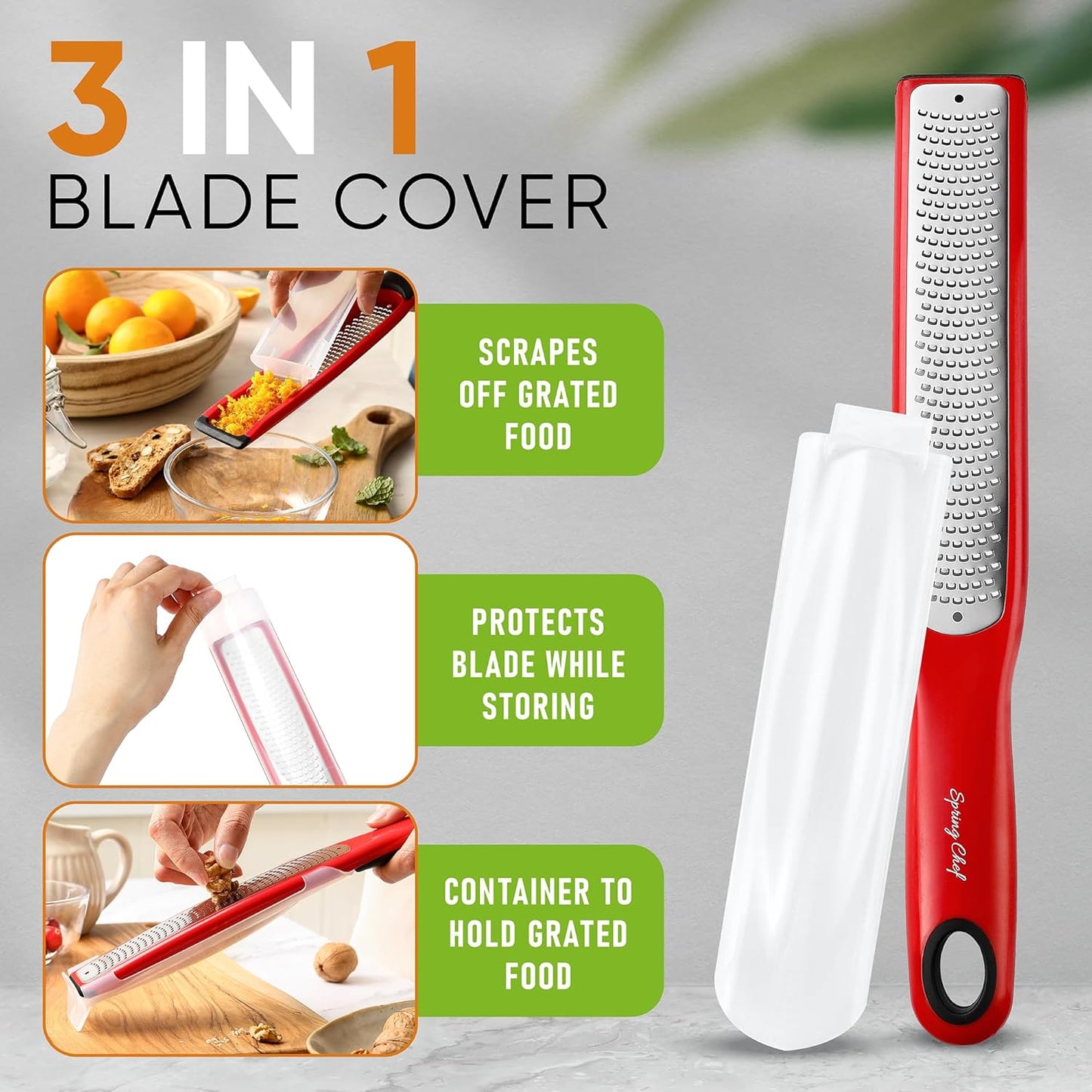 Spring Chef Premium Lemon Zester Grater with Handle - Fruits, Garlic, Chocolate, Nutmeg, Ginger Grater - Heavy Duty Kitchen Tool - Stainless Steel Citrus Zester with Blade Cover - Fine Shred, Black