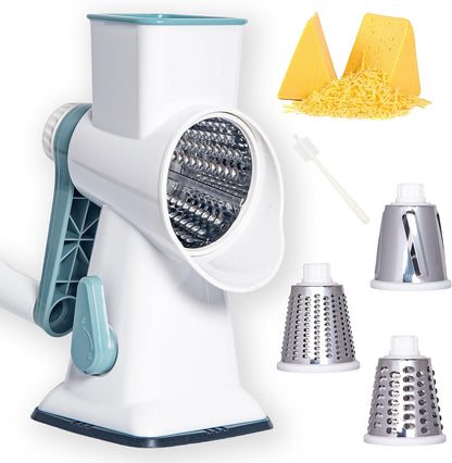 Rotary Cheese Grater Cheese Shredder, Cheese Grater Handheld with Strong Suction Base,Kitchen Vegetable Slicer 3 Replaceable Stainless Drum Blades for Fruit, Food, Nuts,Easy to Use Clean (Blue)