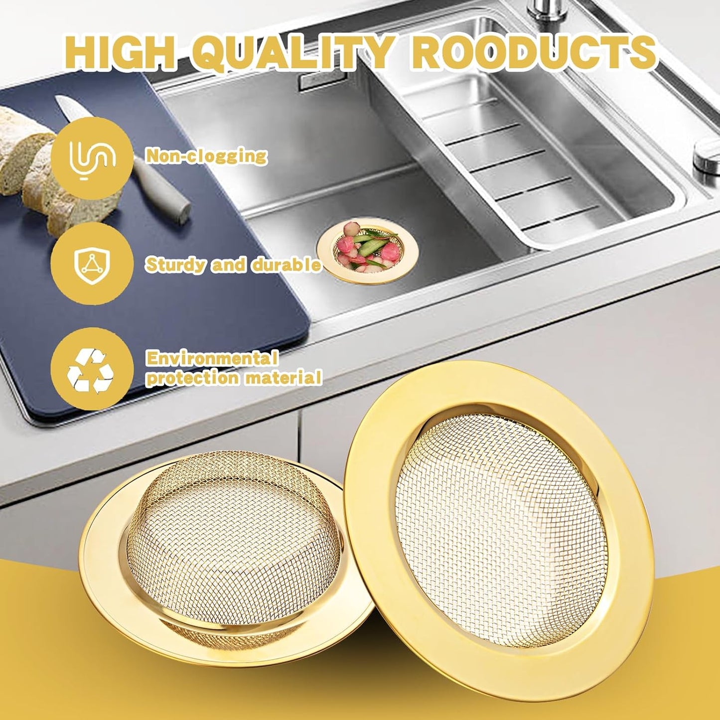 RQYEKDO Kitchen Sink Strainer Stainless Steel with Coarse Mesh4.4 Wide Rim Drain Strainer |Fits Standard Sinks & GarbageDisposals(Silver)(2pcCoarse & Fine Mesh)