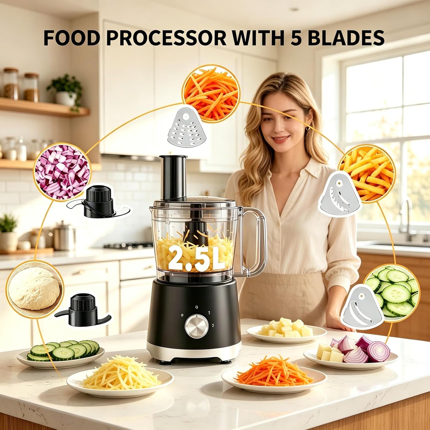 Simple Deluxe Food Processor 10.5 Cup, Multi-Functional Vegetable Choppers Food Grinder with Slicing Shredding Chopping Kneading, Suitable for Smoothie Fruit Dough, 2.6QT, Black