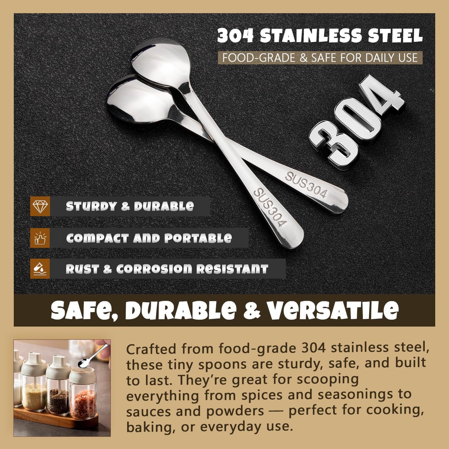 Small Spoons for Spice Jars 8 Pcs Mini Spoons Set, 2.9 Inch SUS 304 Stainless Steel Tiny Spoon for Spices, Salt, Pepper, Condiment, Sugar, Honey, Coffee (Gold)