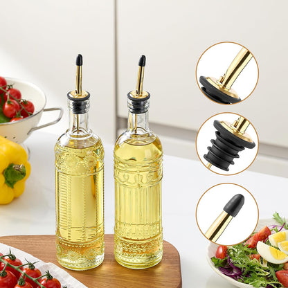 4 Pcs Olive Oil Dispenser Bottle for Kitchen,17oz Clear Glass Oil and Vinegar Dispenser Bottle Set, Classic Coffee Syrup Dispenser with 4 Stainless Steel Spouts and 1 Funnel (Round)
