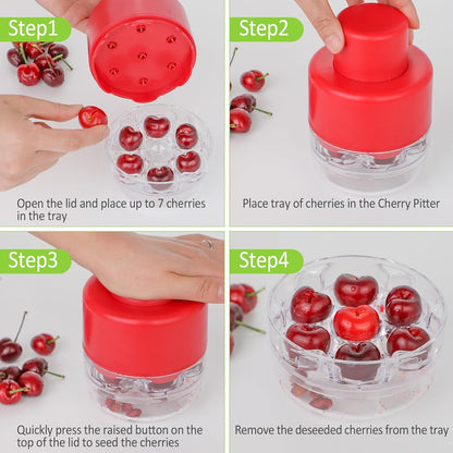 Cherry Pitter Tool, 2025 New Portable Cherry Core Pit Remover, 7 Holes Cherries Stoner Pitter Quick Release, Multifunctional Fruit Pit Remover for Household Kitchen Utensils (Red 1pcs)