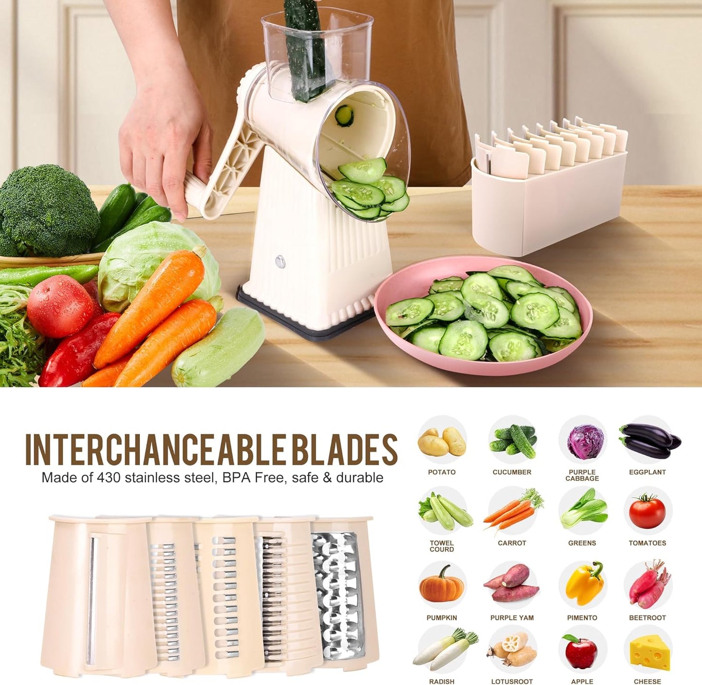 Rotary Cheese Grater with 5 Well-designed Blades & Strong Suction Base, Kitchen Mandoline Vegetable Slicer with Blade Storage Box (GREEN)