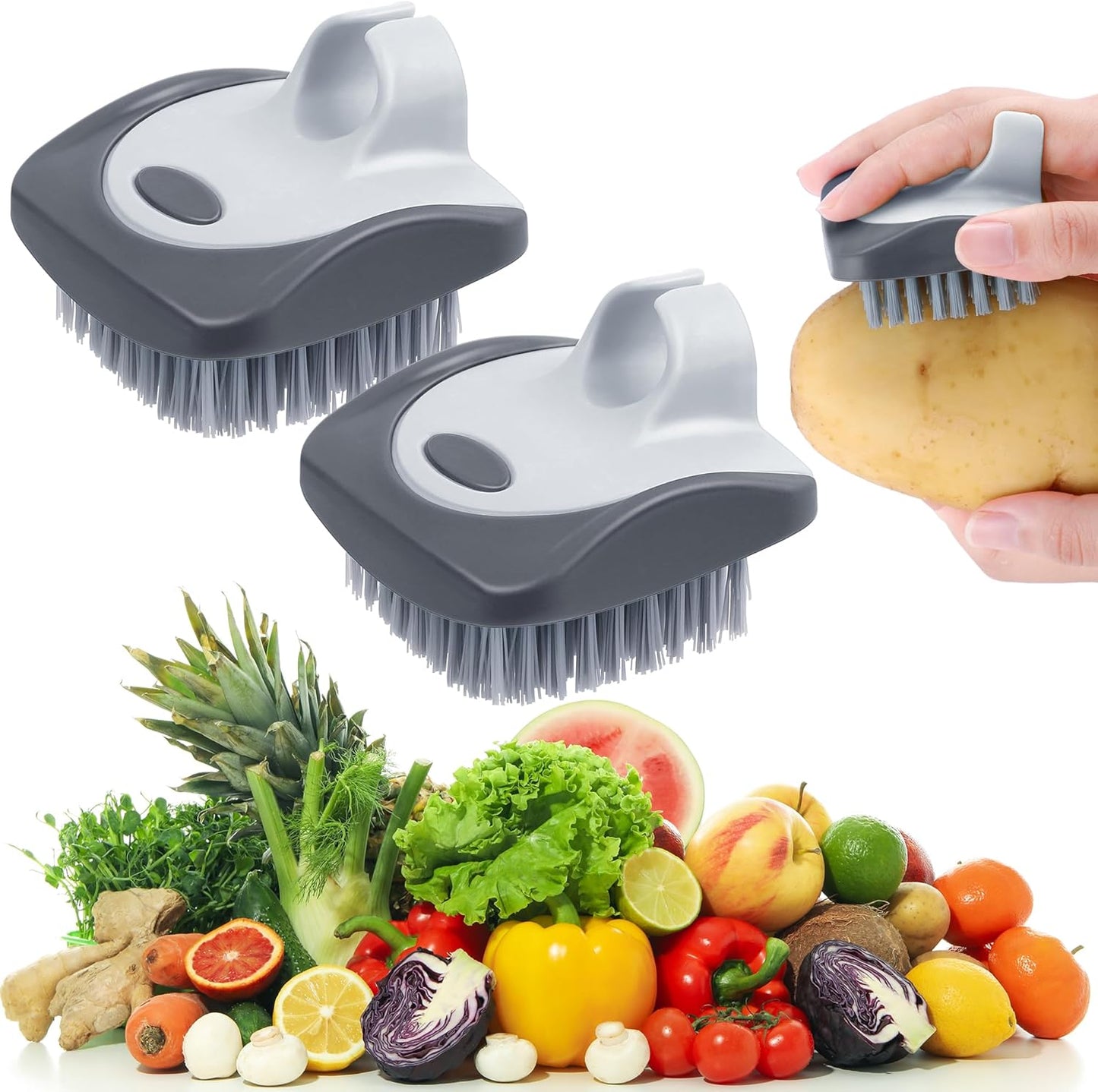 Aodaer 4 Pieces Vegetable Brush Potato Scrubber Brush Silicone Hard and Soft Side Fruit Cleaning Tools for Delicate or Tough-Skinned Vegetables