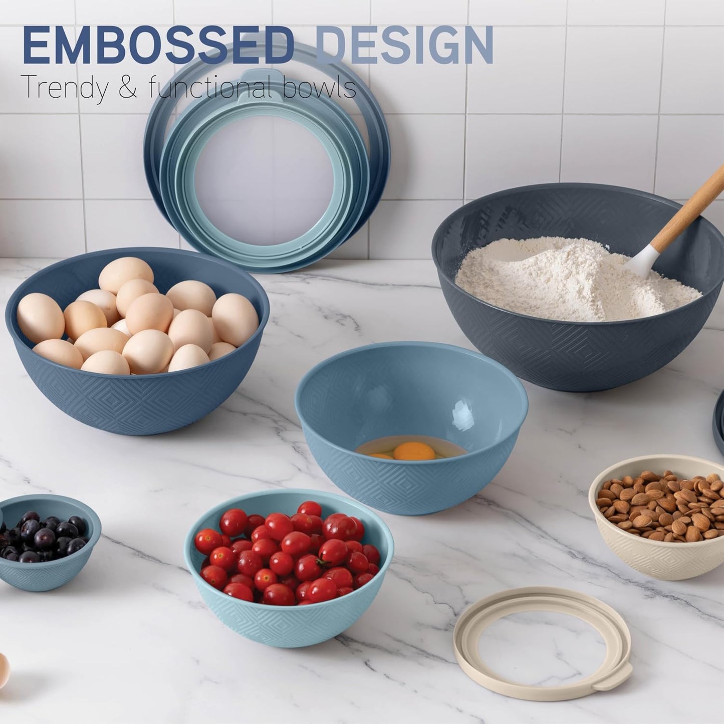 COOK WITH COLOR Mixing Bowls with Lids - 12 Piece Plastic Nesting Bowls Set includes 6 Prep Bowls and 6 Lids, Microwave Safe Mixing Bowl Set, Sage Embossed - Colors B