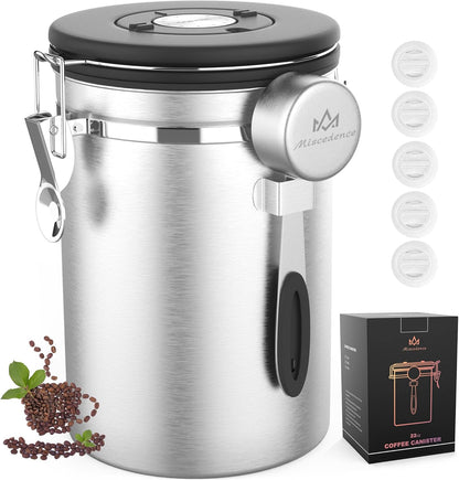 Coffee canister for ground coffee with Scoop Date Tracker One Way Co2 Valve 304 Stainless Steel Kitchen Food Airtight storage container for Coffee Beans,Grounds,Tea,Sugar (Black, 16oz)