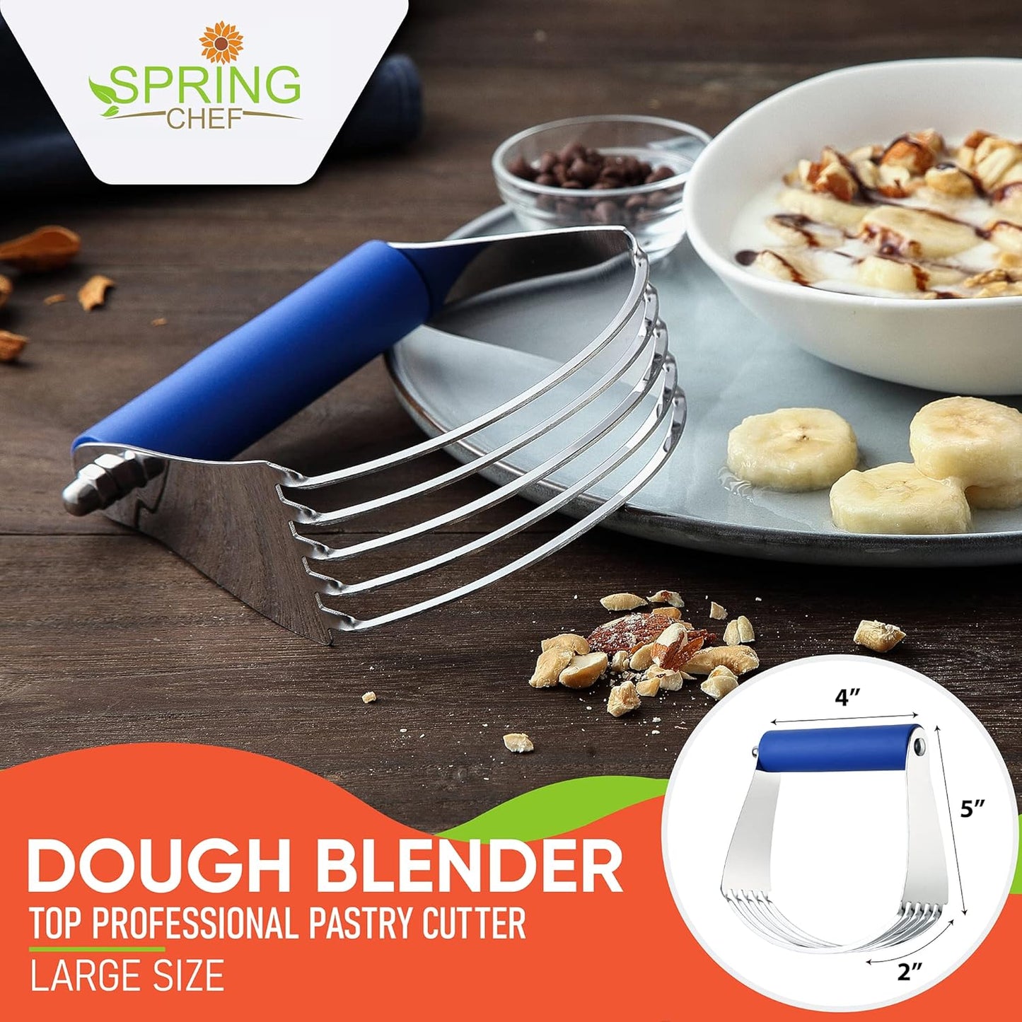 Spring Chef Dough Blender, Top Professional Pastry Cutter with Heavy Duty Stainless Steel Blades, Medium Size, Black