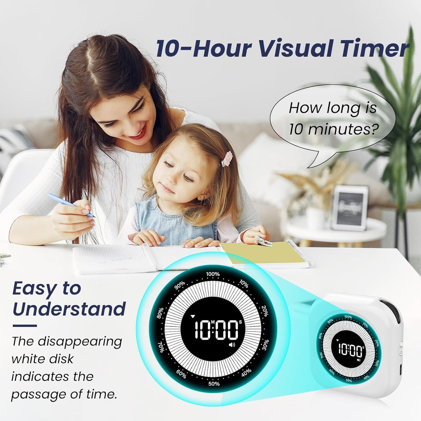 PERSUPER Visual Timer for Kids, 10 Hours Countdown/Up, with Rechargeable, 3 Volume Levels, 3 Brightness Display, and Magnetic, Homeschool Study Tool, Large Digital Timers for Classroom, Kitchen
