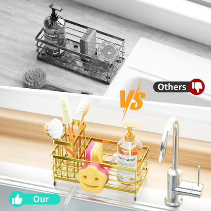 HapiRm Sponge Holder for Kitchen Sink - Self-draining Sink Caddy with Brush and Dishcloth Holders, Stainless Steel Kitchen Countertop Organizers and Storage Essentials - Black