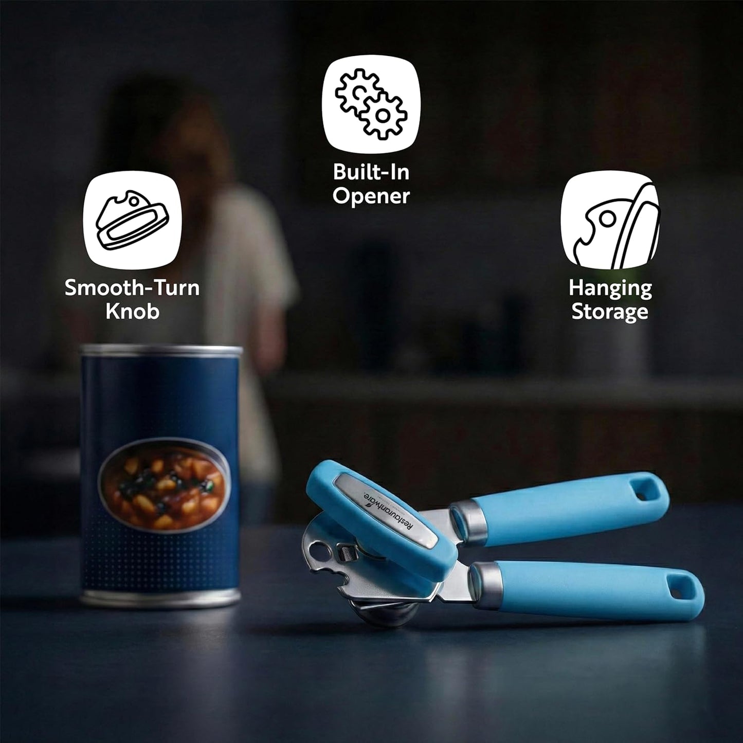 Restaurantware Comfy Grip 7.6 x 1.9 x 2.1 Inch Can Opener 1 Durable Manual Can Opener - Sharp Wheel Blade Grip Handle Mint Green Stainless Steel Hand-Held Can Opener Built-In Bottle Opener