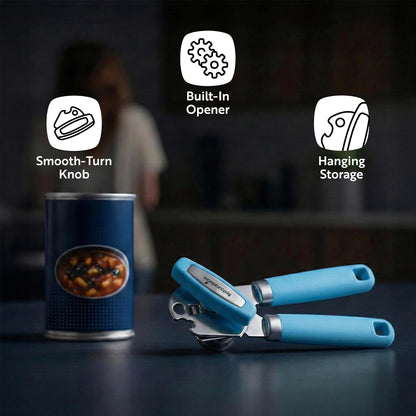 Restaurantware Comfy Grip 7.6 x 1.9 x 2.1 Inch Can Opener 1 Durable Manual Can Opener - Sharp Wheel Blade Grip Handle Mint Green Stainless Steel Hand-Held Can Opener Built-In Bottle Opener