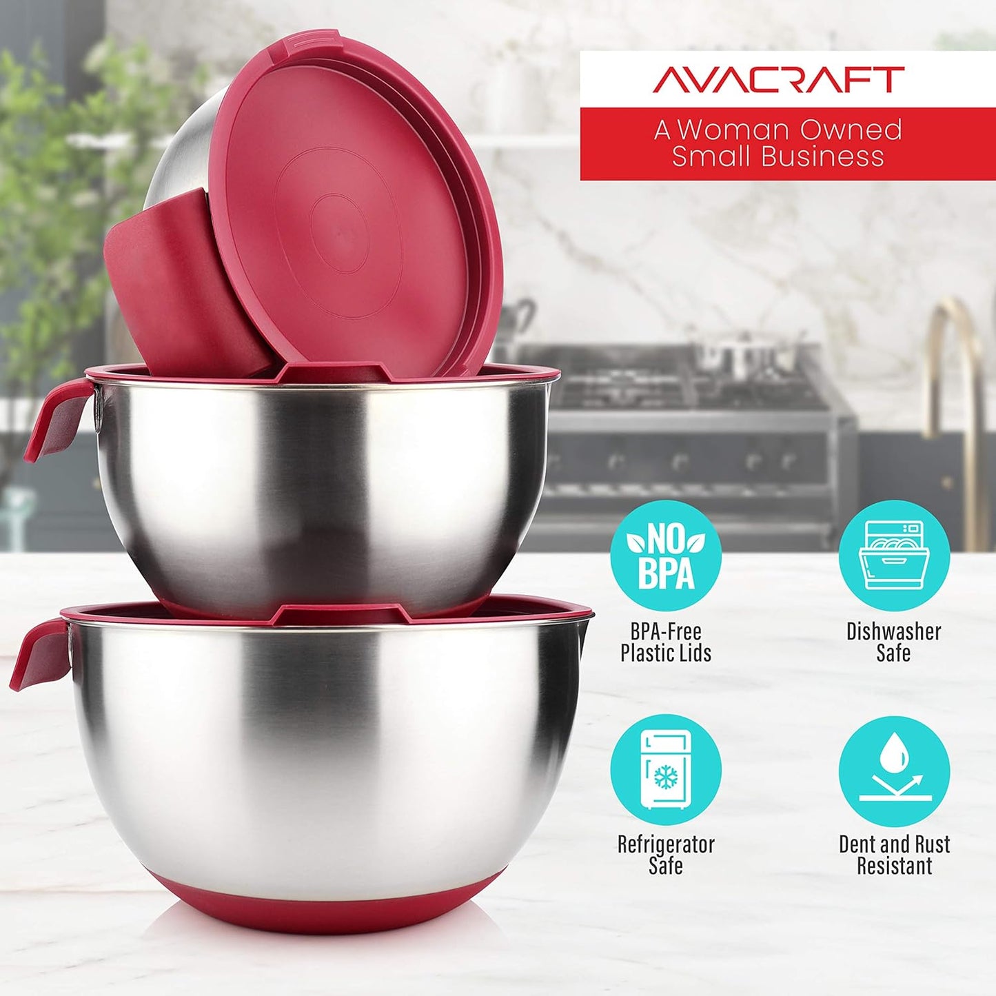 AVACRAFT 18/10 Stainless Steel Mixing Bowls with Lids, non slip silicone base bowls with Handle, Mixing Bowl Set with Pour Spouts & Measurement Marks, Home Essentials Cooking Bowls, (Black)