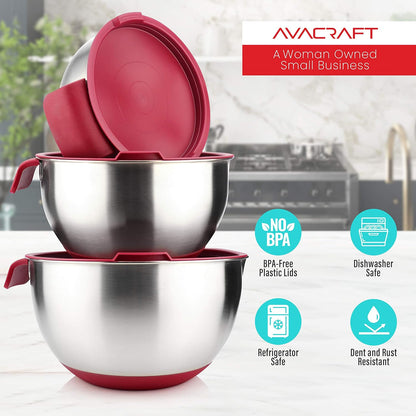 AVACRAFT 18/10 Stainless Steel Mixing Bowls with Lids, non slip silicone base bowls with Handle, Mixing Bowl Set with Pour Spouts & Measurement Marks, Home Essentials Cooking Bowls, (Black)