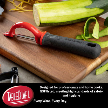 TableCraft 10997 Vegetable Peeler, Stainless Steel, Straight Edge, Ergonomic Non-Slip Handle with Eye Remover, 1.125"x1.375"x7.25", Red/Black – Commercial Kitchen Use