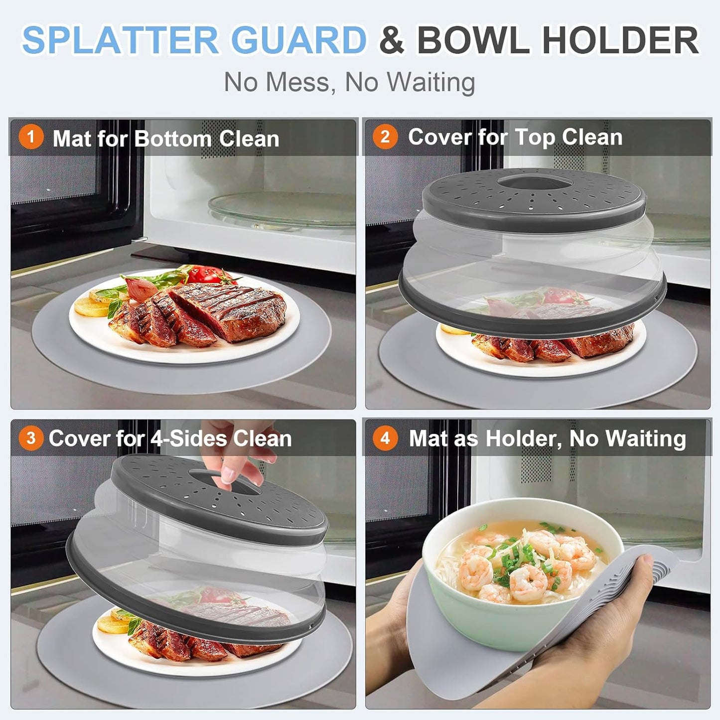 LekDrok Microwave Food Cover with Mat 12 Inch, Mat as Bowl Holder, Cover for Splatter Guard, Collapsible Lid for Plate Dish, Multi-Purpose Silicone Mat & Kitchen Colander Gadget for Meal Prep,Charcoal