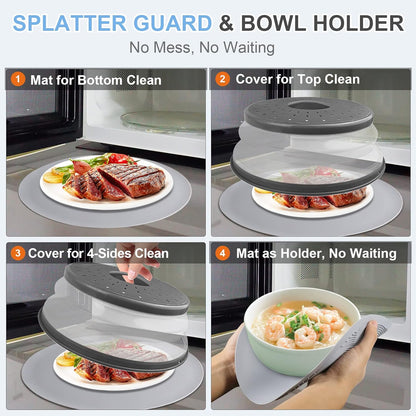 LekDrok Microwave Food Cover with Mat 12 Inch, Mat as Bowl Holder, Cover for Splatter Guard, Collapsible Lid for Plate Dish, Multi-Purpose Silicone Mat & Kitchen Colander Gadget for Meal Prep,Charcoal