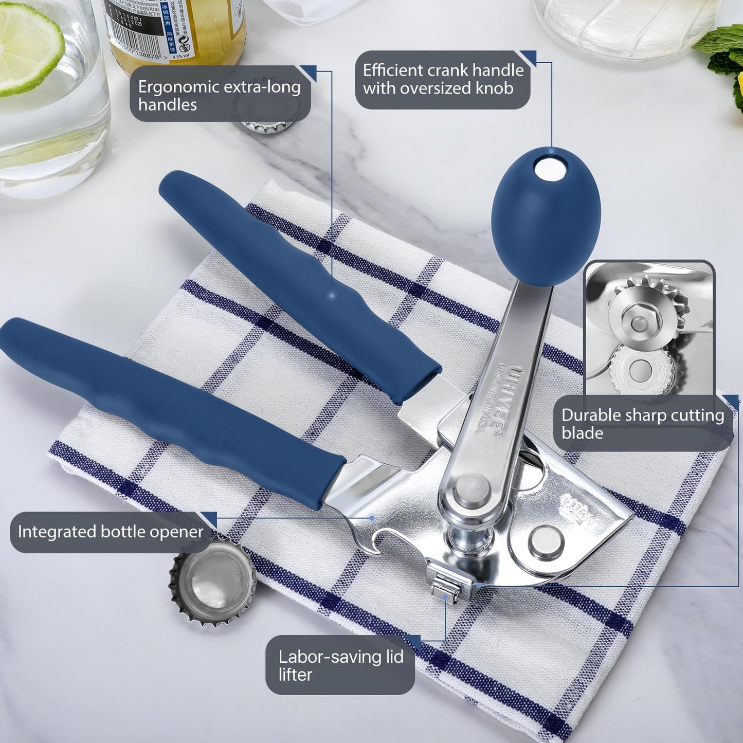 Commercial Can Opener, UHIYEE Hand Crank Can Opener Manual Heavy Duty with Comfortable Extra-long Handles, Oversized Knob, Large Handheld Can Open Easy for Big Cans, Black