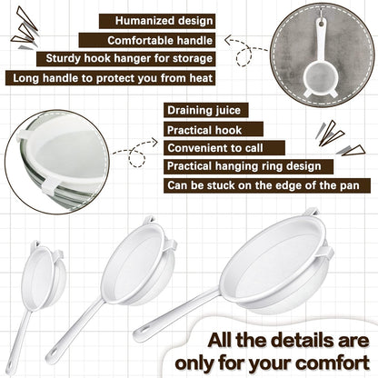 3 Pcs Plastic Nylon Mesh Strainer Colander with Handle Double Ear Fine Food Mesh Strainer Flour Sifter for Baking Kitchen Colander Sifter Kefir Tea Juice Pasta(3 Inch, 4 Inch, 5.5 Inch)