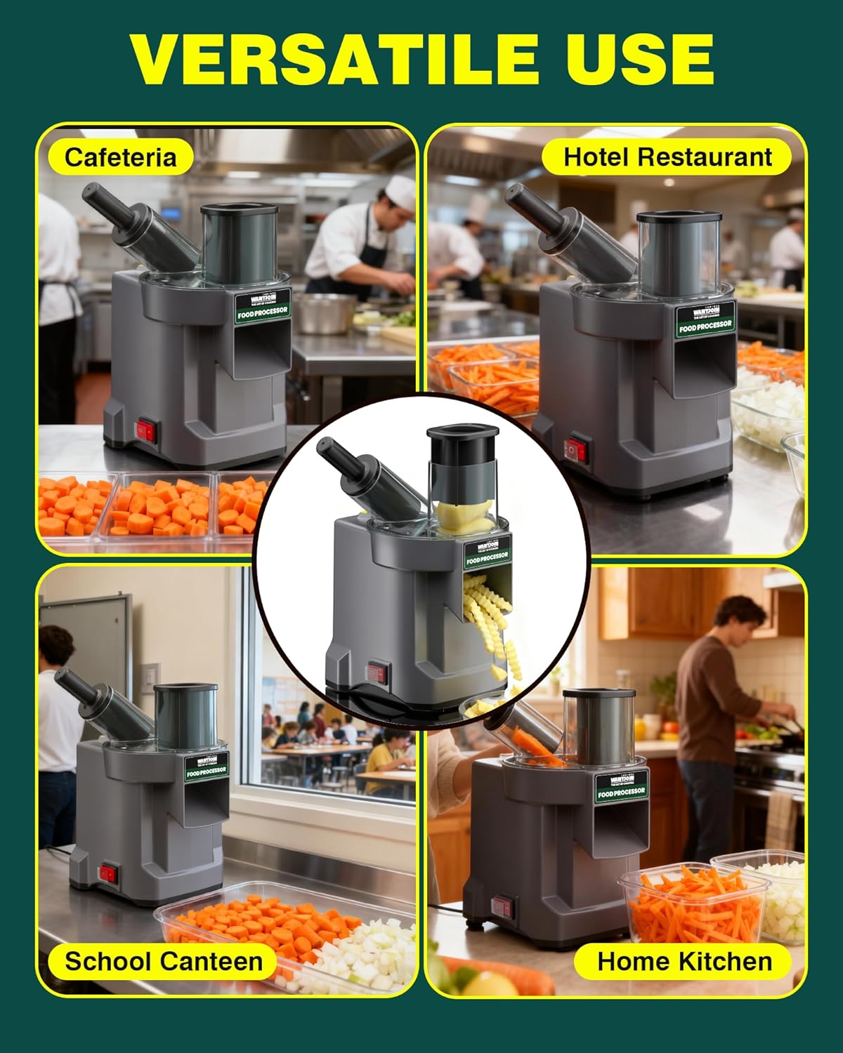 WantJoin 5 in 1 Electric Vegetable Chopper - Multifunctional Commercial Vegetable Dicer Food Fruit Processor Stainless Steel Blades for Slicing(2.5mm), Dicing(8/12mm), Chopping(2.5mm),Shredding
